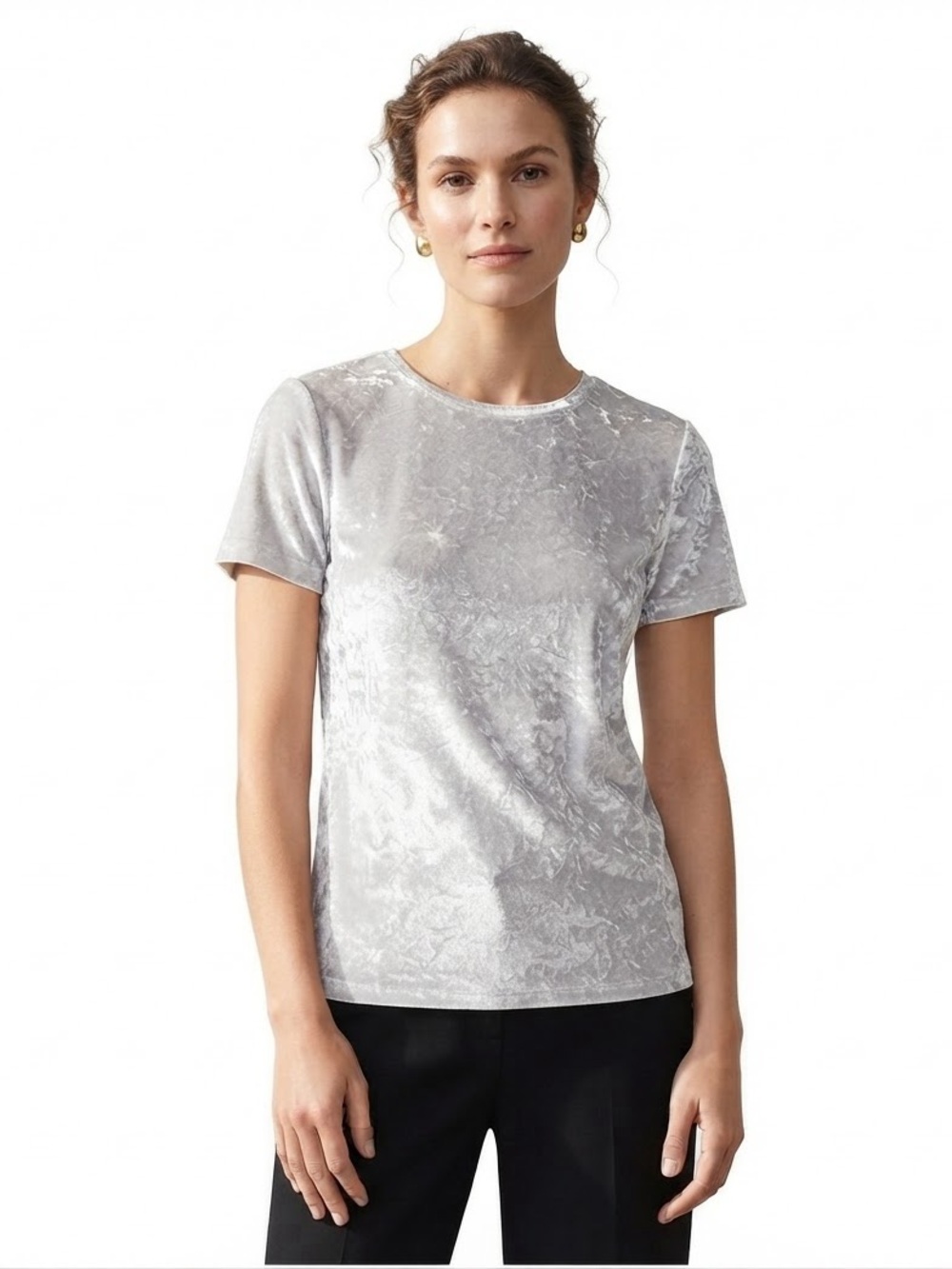 Vince Crew Neck Silver Crushed Velvet Short Sleeve Minimalist Easy Tee Top XS